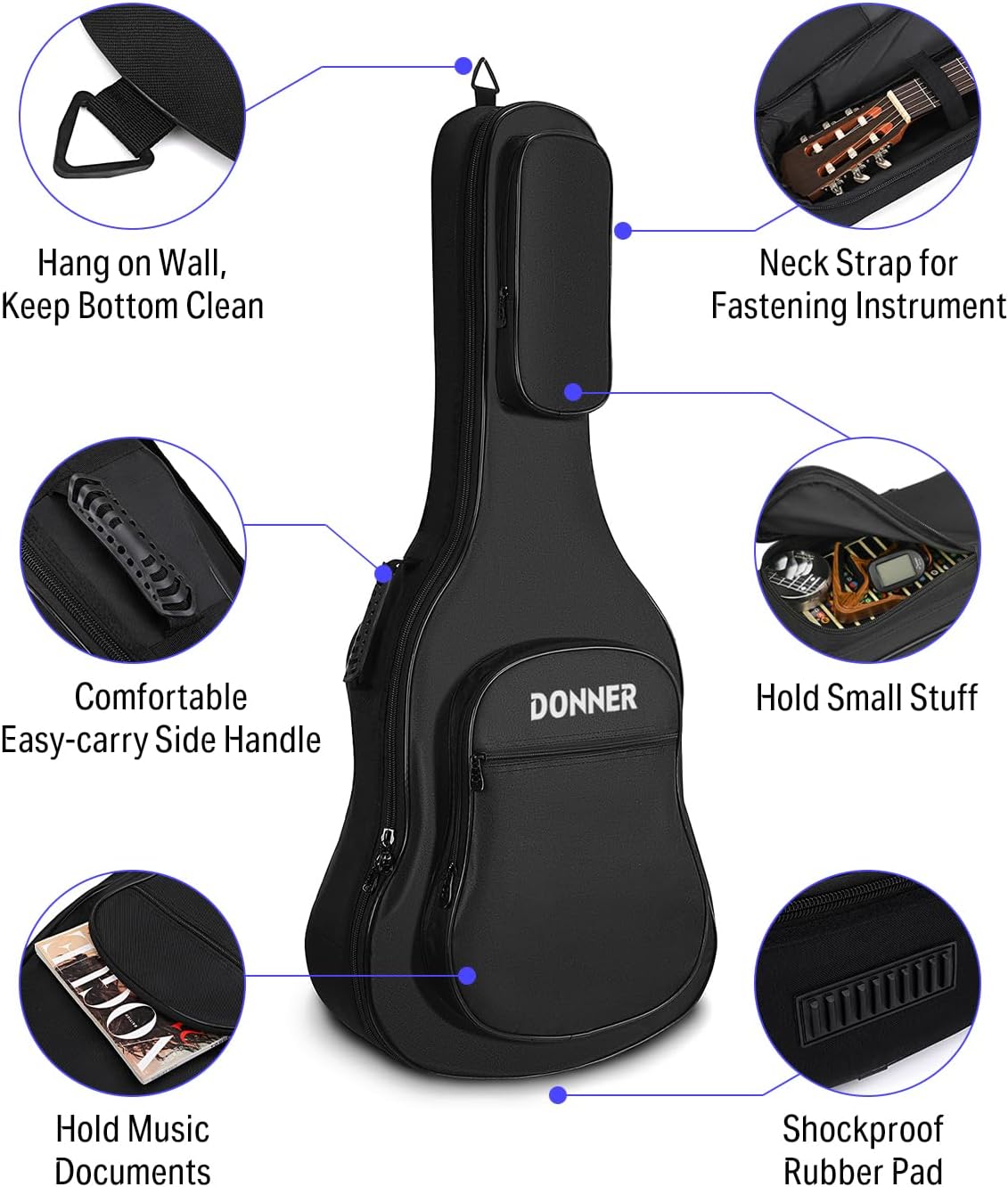 Donner 36 Inch Acoustic Guitar Case, 0.4 Inch Thick Padding Sponge 600D Ripstop Waterproof Nylon Soft Guitar Gig Bag with 3 Pockets and Back Hanger Loop, Black Acoustic bag 36 inch-10mm Thick