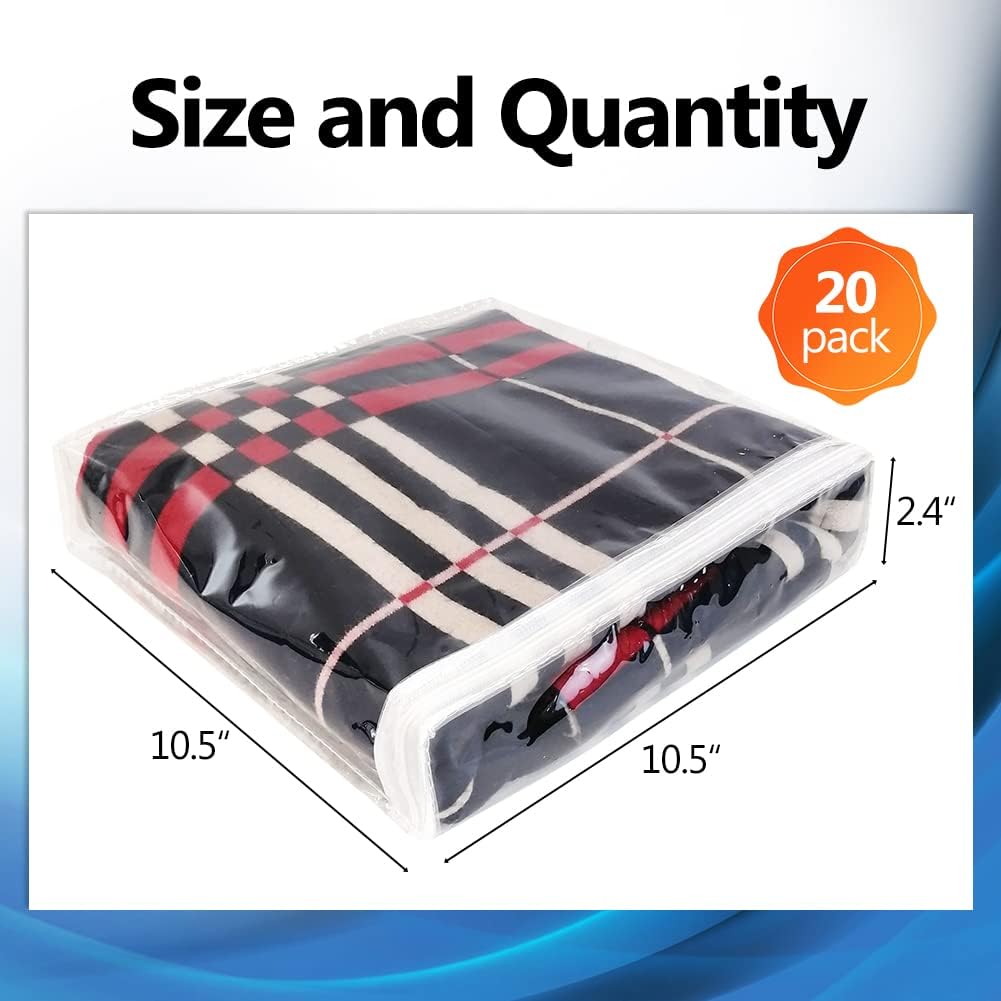 20pcs Clear Vinyl Zippered Storage Bags for Sweater Clothes, Bed Sheet Organizer, 10.5 x 10.5 x 2.4 Inch 10.5*10.5*2.4inches(20Pcs)