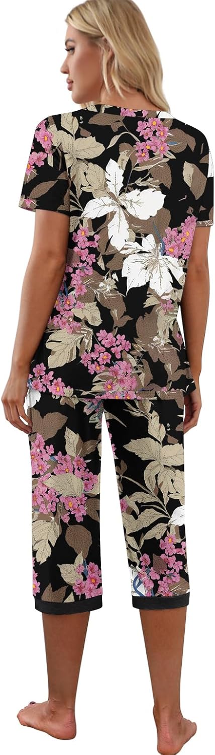 PrinStory Women's Pajama Set Short Sleeve Shirt and Capri Pants Sleepwear Pjs Sets with Pockets Large Fp-big Leaf Pink