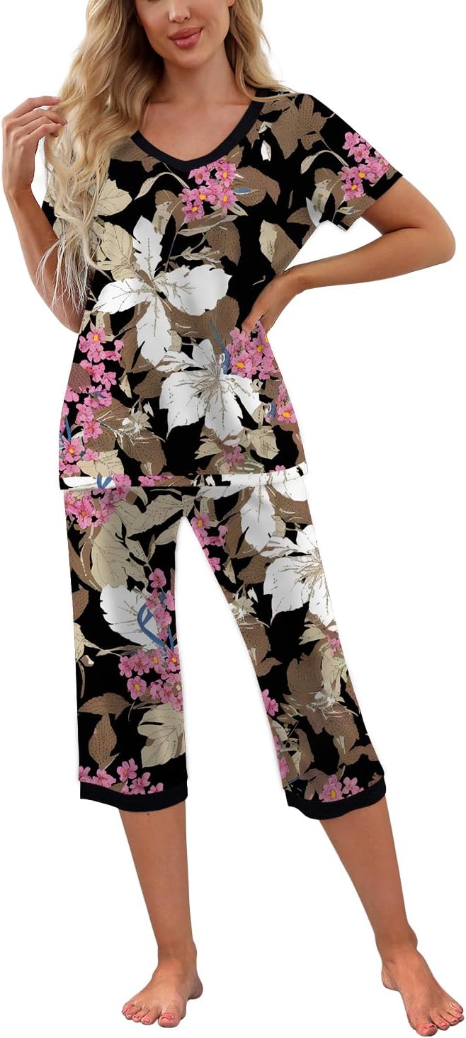 PrinStory Women's Pajama Set Short Sleeve Shirt and Capri Pants Sleepwear Pjs Sets with Pockets Large Fp-big Leaf Pink