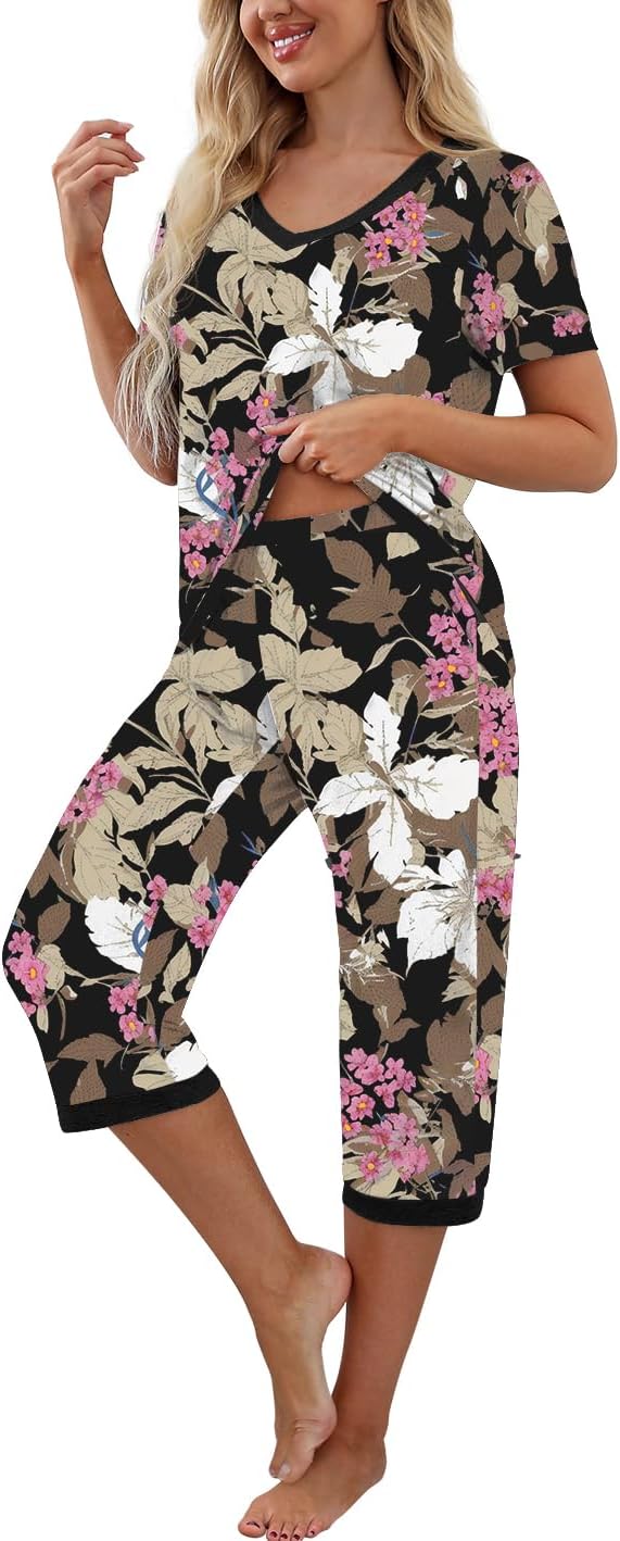 PrinStory Women's Pajama Set Short Sleeve Shirt and Capri Pants Sleepwear Pjs Sets with Pockets Large Fp-big Leaf Pink