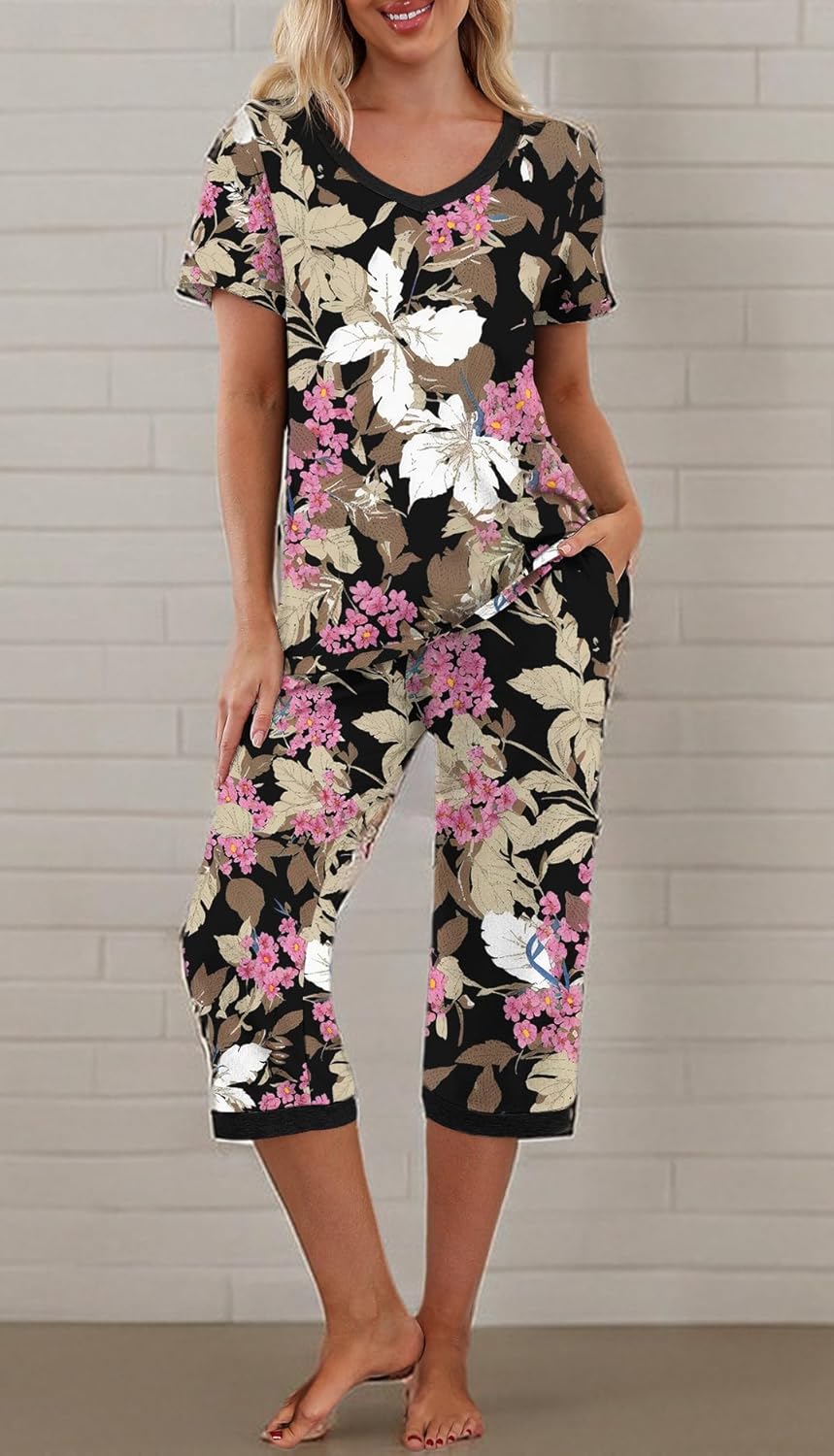 PrinStory Women's Pajama Set Short Sleeve Shirt and Capri Pants Sleepwear Pjs Sets with Pockets Large Fp-big Leaf Pink