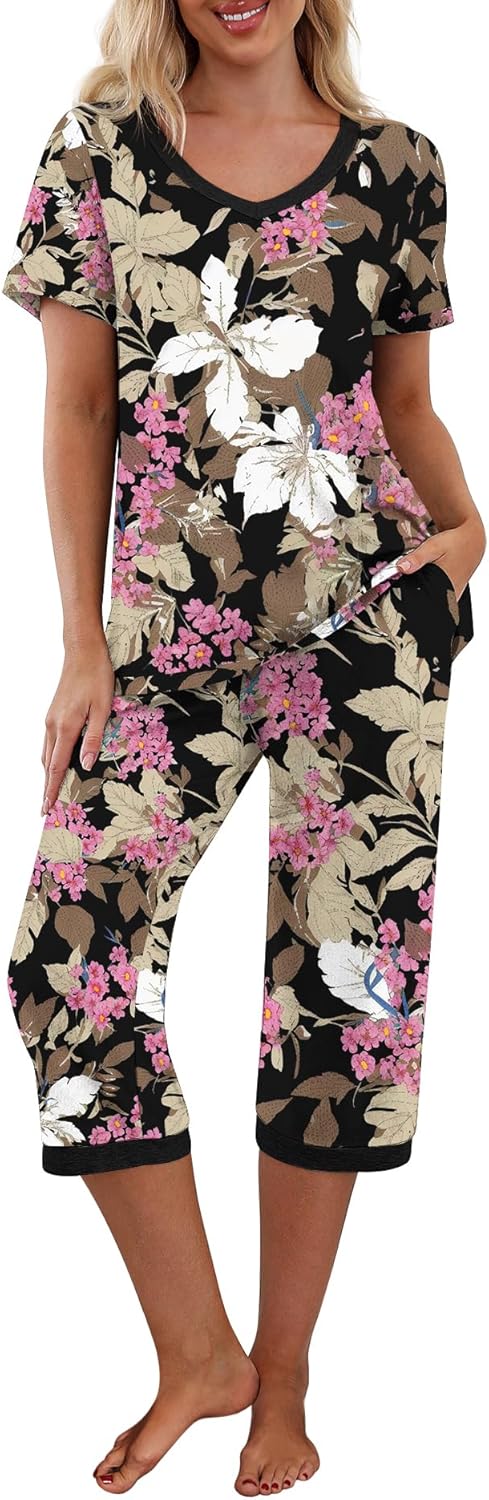 PrinStory Women's Pajama Set Short Sleeve Shirt and Capri Pants Sleepwear Pjs Sets with Pockets Large Fp-big Leaf Pink