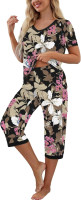 PrinStory Women's Pajama Set Short Sleeve Shirt and Capri Pants Sleepwear Pjs Sets with Pockets Large Fp-big Leaf Pink