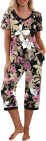 PrinStory Women's Pajama Set Short Sleeve Shirt and Capri Pants Sleepwear Pjs Sets with Pockets Large Fp-big Leaf Pink