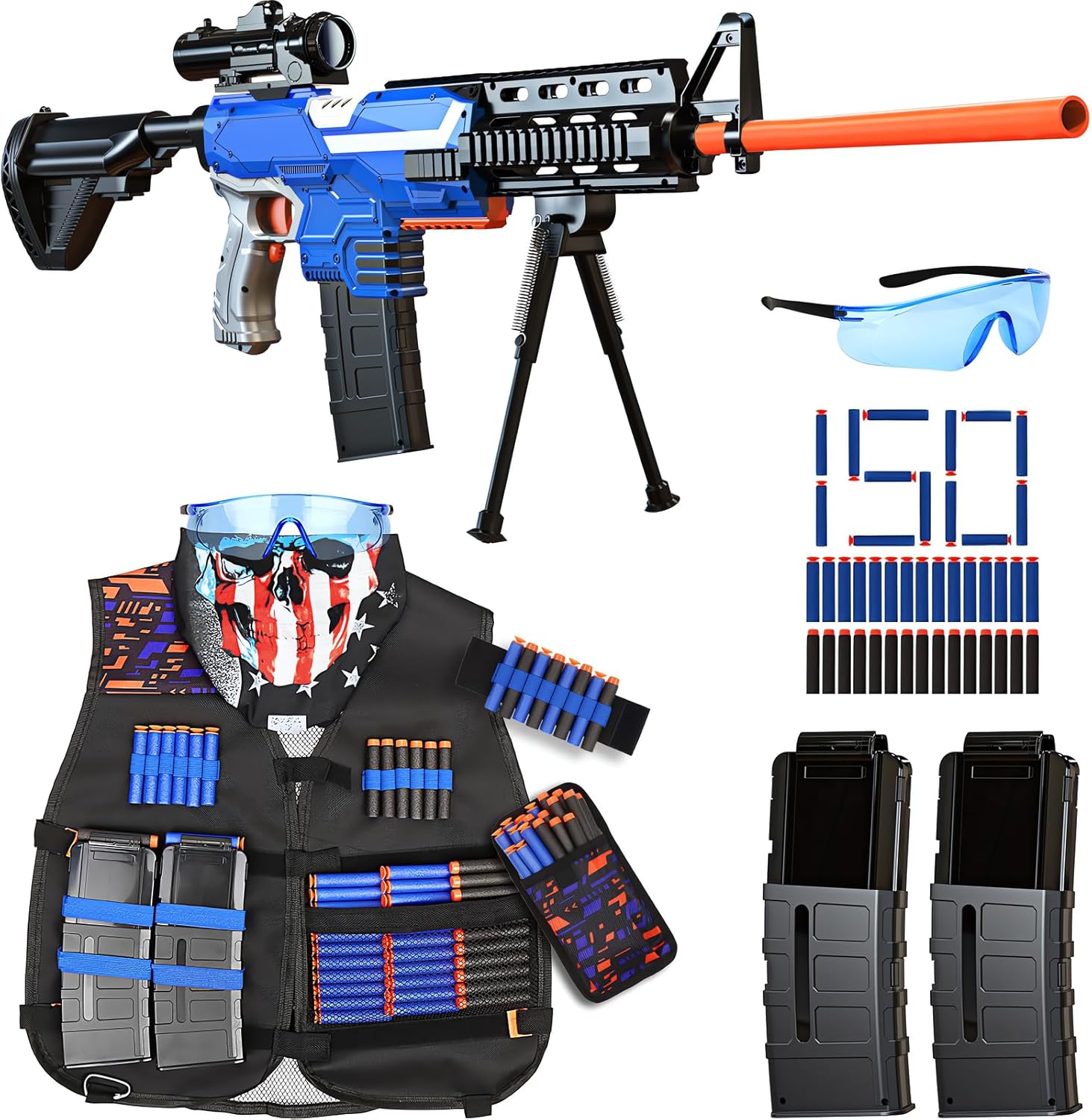 Toy Gun Automatic Sniper Rifle -3 Modes Toy Foam Blasters with Tactical Vest, Bipod, 2 Clips and 150 Darts, Electric Toys for Boys Age 8-12 Gifts for Birthday Xmas Blue