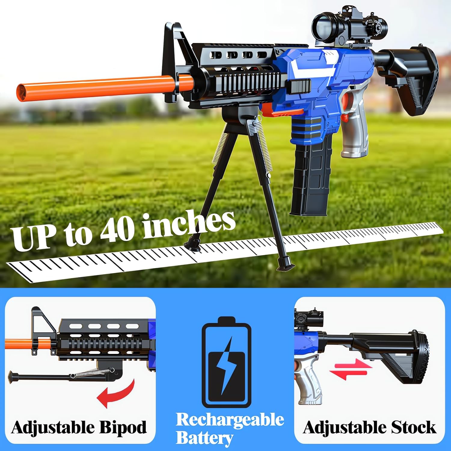 Toy Gun Automatic Sniper Rifle -3 Modes Toy Foam Blasters with Tactical Vest, Bipod, 2 Clips and 150 Darts, Electric Toys for Boys Age 8-12 Gifts for Birthday Xmas Blue