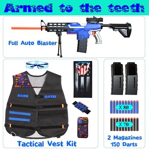 Toy Gun Automatic Sniper Rifle -3 Modes Toy Foam Blasters with Tactical Vest, Bipod, 2 Clips and 150 Darts, Electric Toys for Adults Boys Age 8-12 Gifts for Birthday Xmas