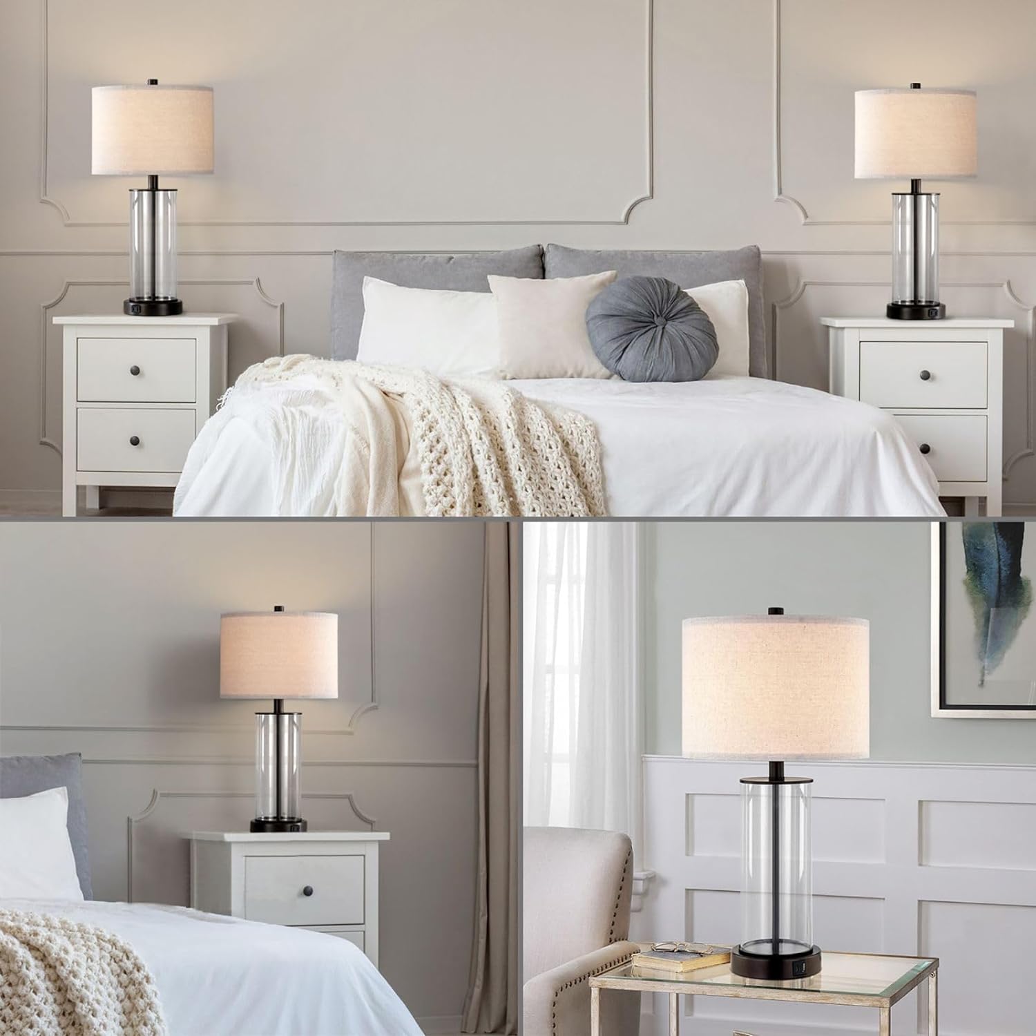 KAWOTI 23'' Clear Glass Table Lamp Set of 2 Bedroom Lamps with USB Ports and AC Outlet Living Room Nightstand Lamp Bulbs Included 23 inches(Bronze Finish)
