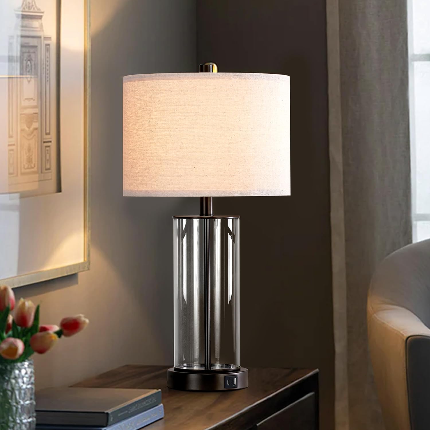 KAWOTI 23'' Clear Glass Table Lamp Set of 2 Bedroom Lamps with USB Ports and AC Outlet Living Room Nightstand Lamp Bulbs Included 23 inches(Bronze Finish)