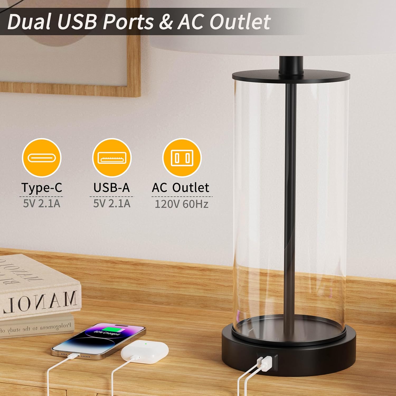 KAWOTI 23'' Clear Glass Table Lamp Set of 2 Bedroom Lamps with USB Ports and AC Outlet Living Room Nightstand Lamp Bulbs Included 23 inches(Bronze Finish)
