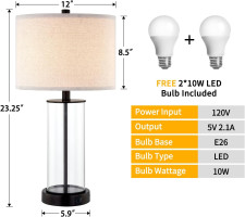KAWOTI 23'' Clear Glass Table Lamp Set of 2 Bedroom Lamps with USB Ports and AC Outlet Living Room Nightstand Lamp Bulbs Included 23 inches(Bronze Finish)