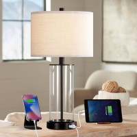 KAWOTI 23'' Clear Glass Table Lamp Set of 2 Bedroom Lamps with USB Ports and AC Outlet Living Room Nightstand Lamp Bulbs Included 23 inches(Bronze Finish)
