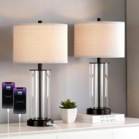 KAWOTI 23'' Clear Glass Table Lamp Set of 2 Bedroom Lamps with USB Ports and AC Outlet Living Room Nightstand Lamp Bulbs Included 23 inches(Bronze Finish)