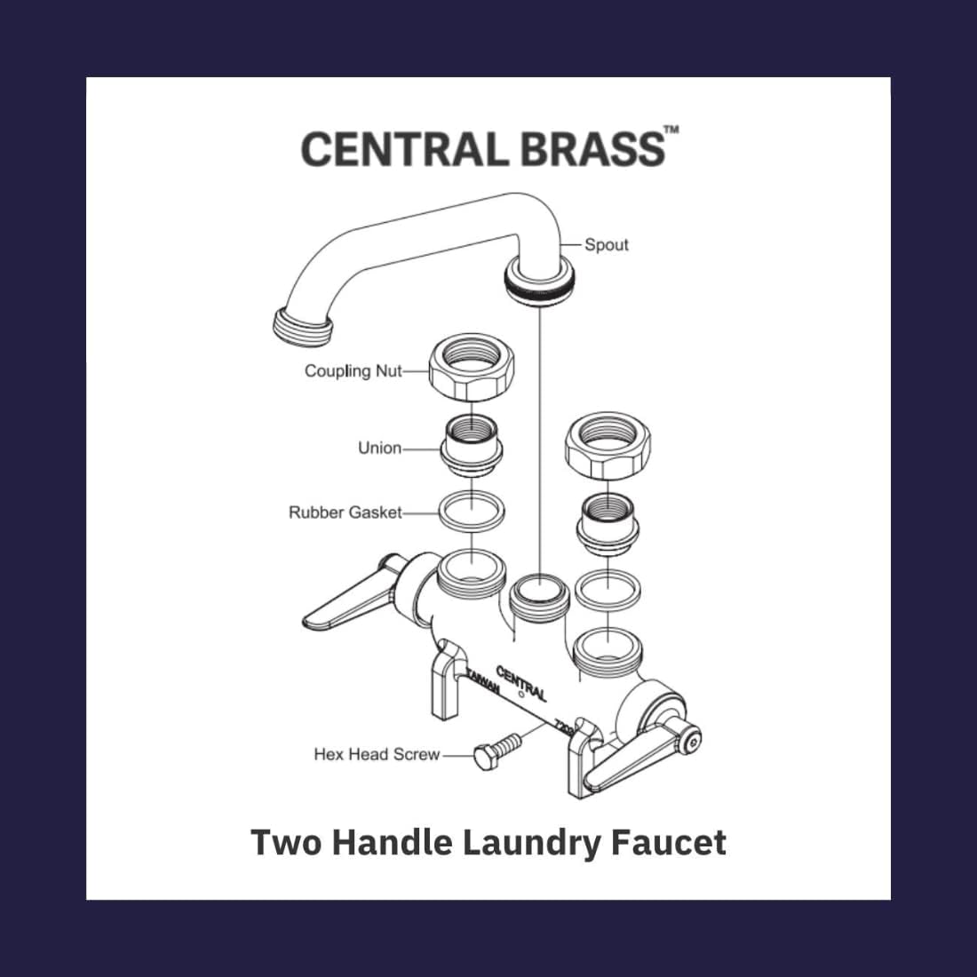Central Brass Two Handle Laundry Faucet Heavy Duty Rough Brass 6" Reach Tube Swivel Spout, 0465