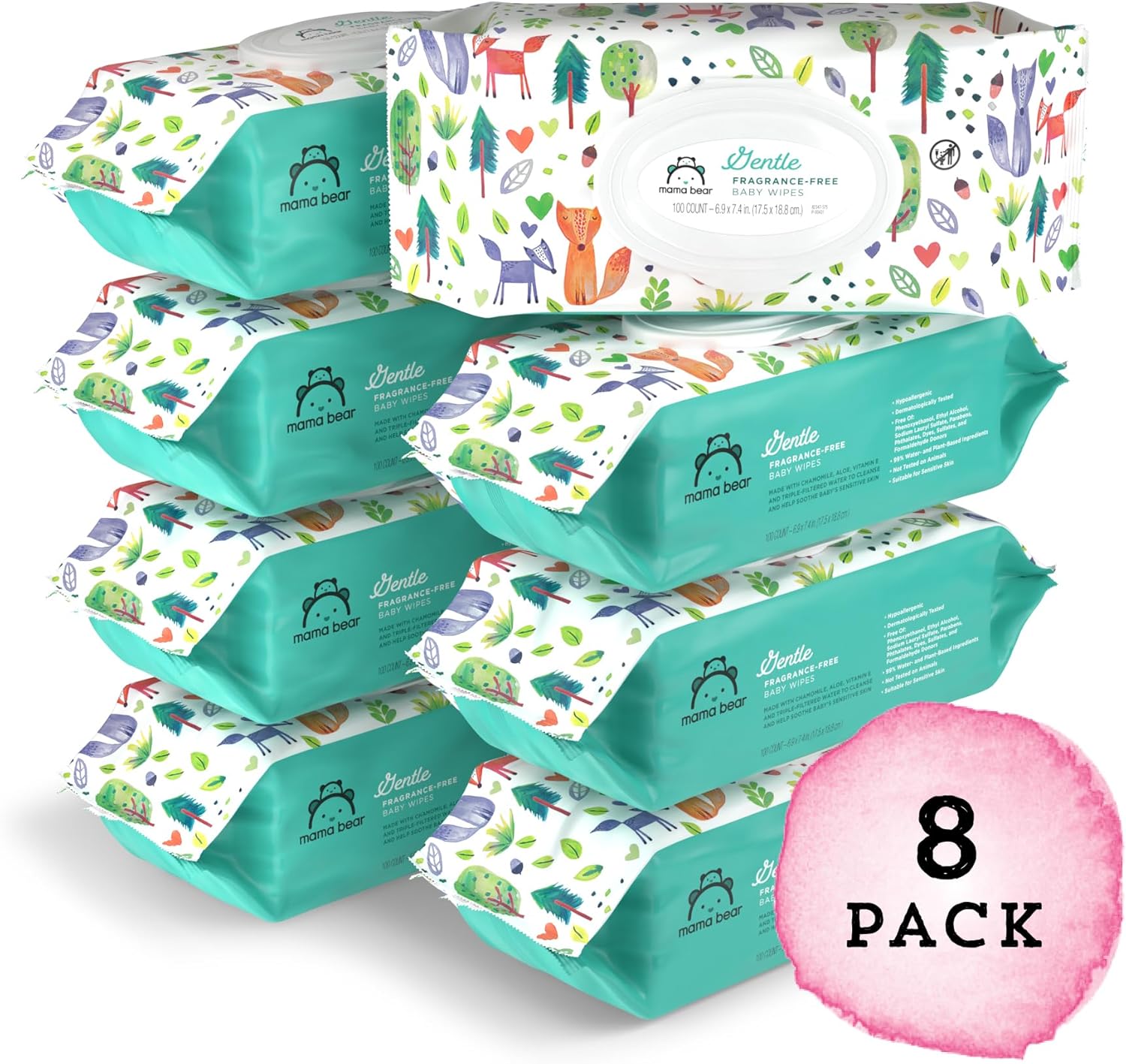 Amazon Brand - Mama Bear Gentle Fragrance Free Baby Wipes, Hypoallergenic, Sensitive Skin, Unscented, 800 Count (8 Packs of 100) 100 Count (Pack of 8)