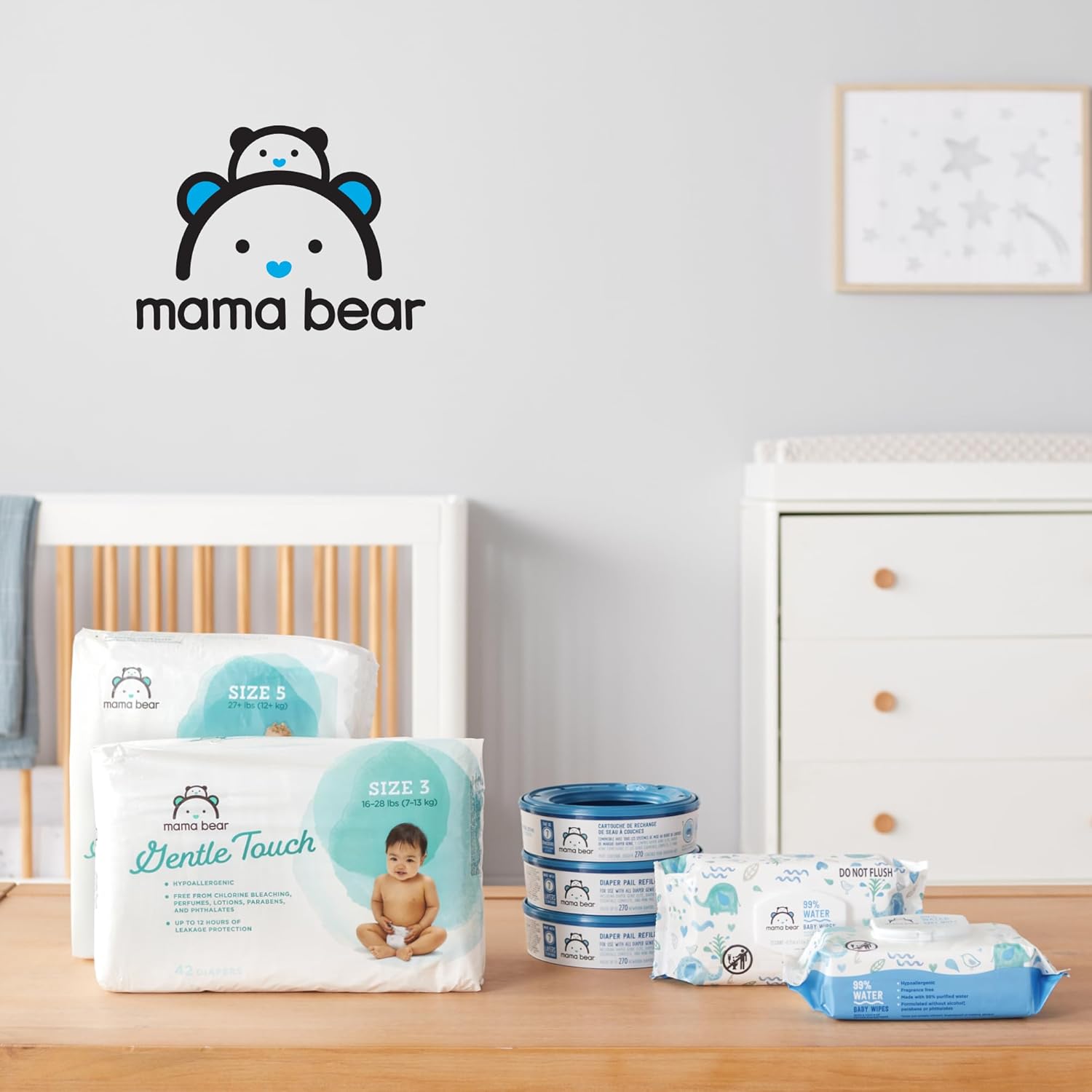 Amazon Brand - Mama Bear Gentle Fragrance Free Baby Wipes, Hypoallergenic, Sensitive Skin, Unscented, 800 Count (8 Packs of 100) 100 Count (Pack of 8)
