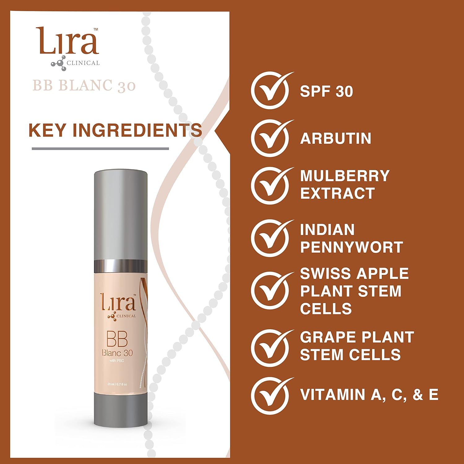 Lira Clinical BB Cream - SPF 30 Tinted BB Cream with PSC & Vitamins - Full Coverage - 0.7 fl oz. (Blanc 30) 0.7 Fl Oz (Pack of 1) BB Blanc 30