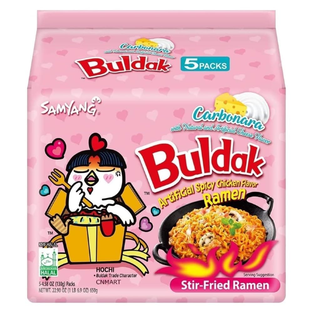 Creamy Carbonara Fiesta Bundle Bag of 5 Packs of SAMYANG Carbonara Buldak Chicken Flavor Ramen – Halal Certified – 22.95 Oz (Pack of 1)