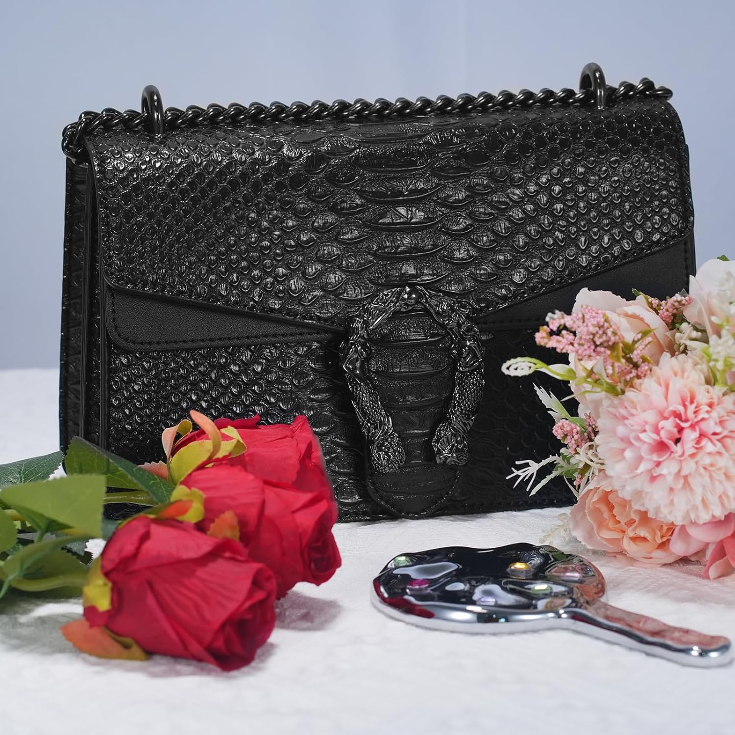 Aiqudou Crossbody Bag and Satchel Purse for Women - Fashion Snake Print Chain Purse Luxury PU Leather HandBag Black