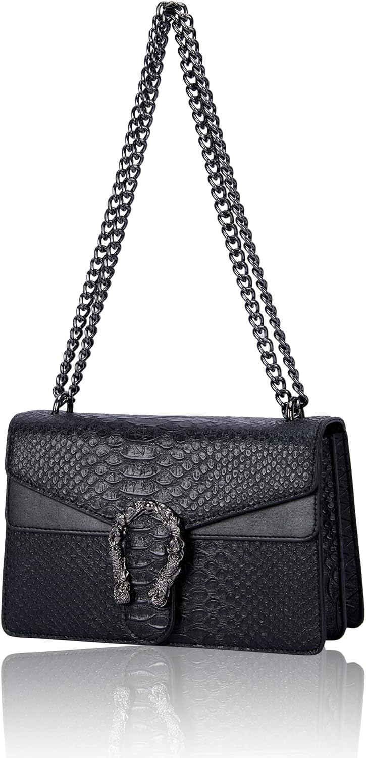 Aiqudou Crossbody Bag and Satchel Purse for Women - Fashion Snake Print Chain Purse Luxury PU Leather HandBag Black