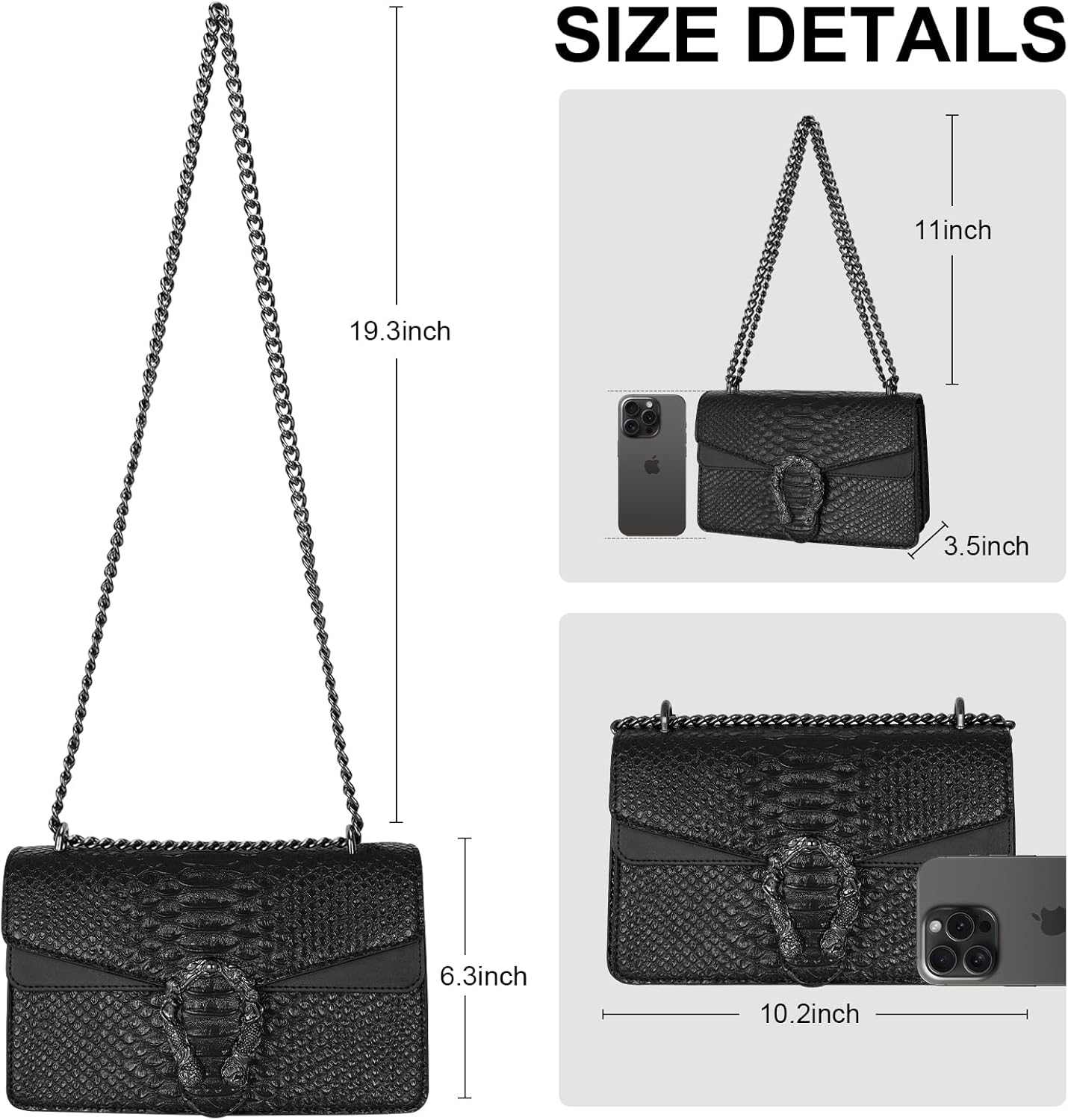 Aiqudou Crossbody Bag and Satchel Purse for Women - Fashion Snake Print Chain Purse Luxury PU Leather HandBag Black