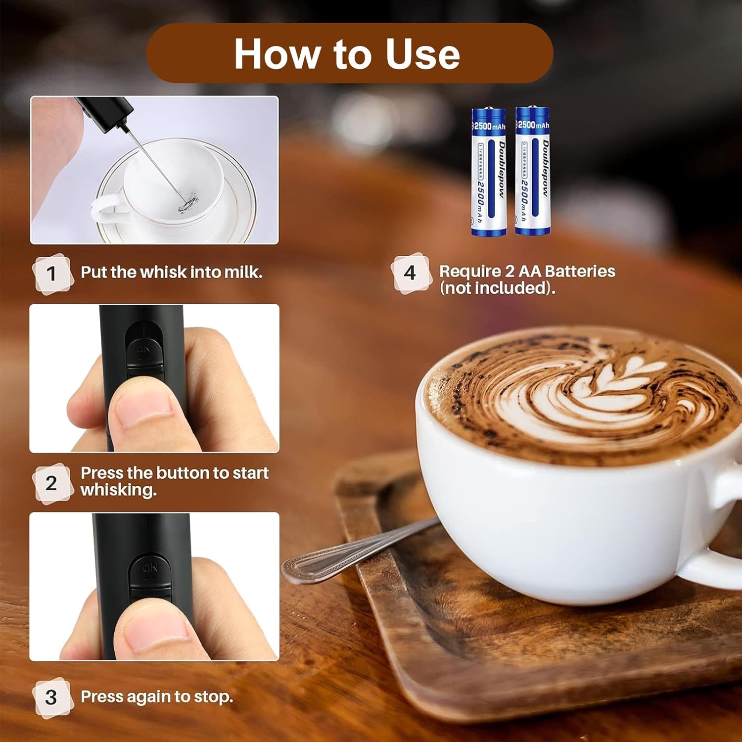 Milk Frother, Battery Operated Whisk Maker, Drink Mixer, Milk Frother Handheld for Coffee, Latte, Cappuccino, Matcha, Electric Milk Frother, Black