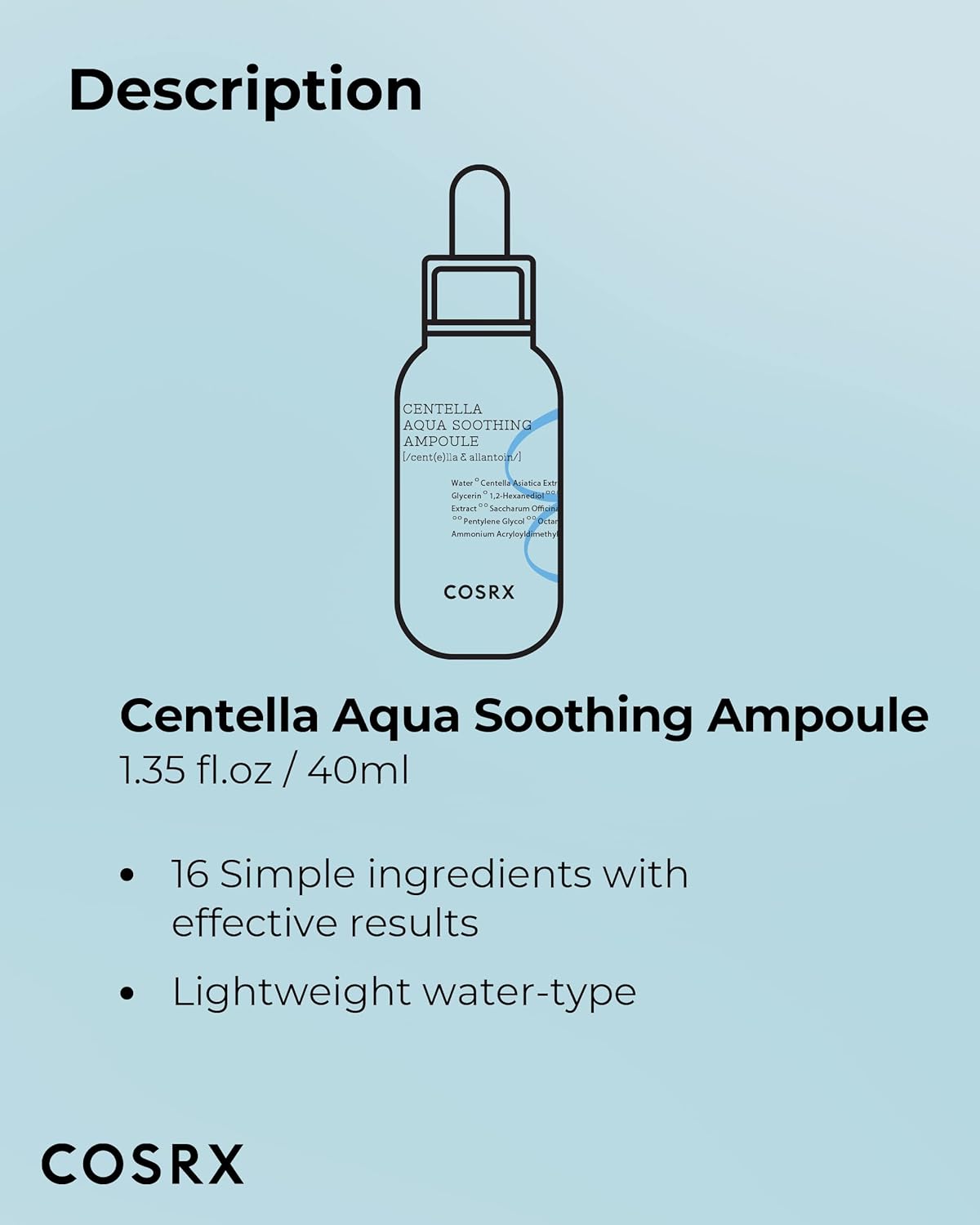 COSRX Centella Aqua Soothing Ampoule, Centella Asiatica Cica Serum, Korean Skincare, 1.35 Fl oZ, For Sensitive Skin, Daily Skin Serum, Paraben Free, No Animal Testing