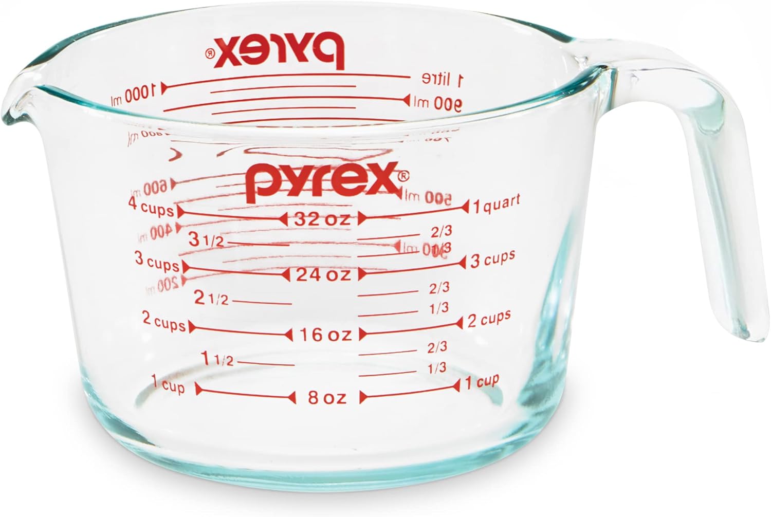 Pyrex 4-Cup Glass Measuring Cup For Baking and Cooking, Dishwasher, Freezer, Microwave, and Preheated Oven Safe, Essential Kitchen Tools 4 Cup