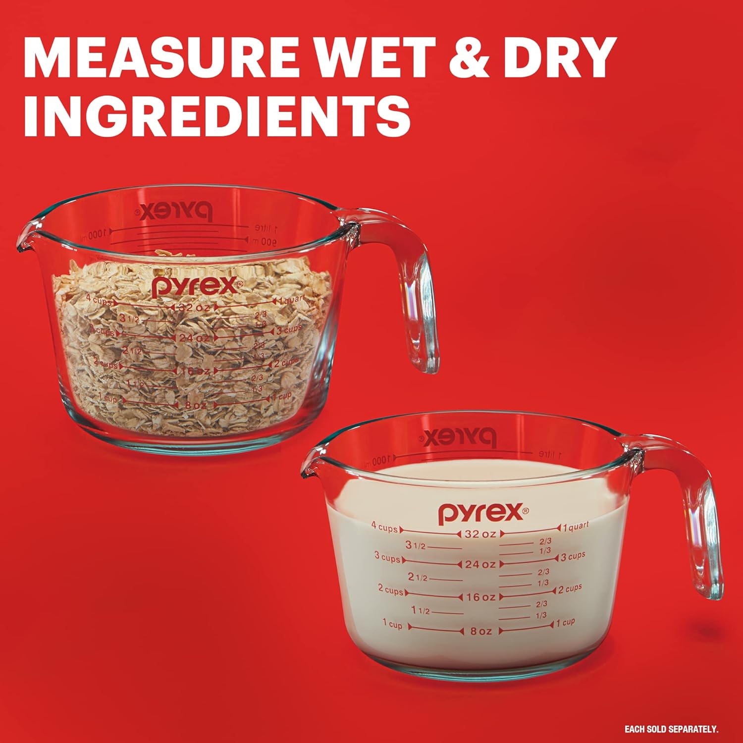 Pyrex 4-Cup Glass Measuring Cup For Baking and Cooking, Dishwasher, Freezer, Microwave, and Preheated Oven Safe, Essential Kitchen Tools 4 Cup