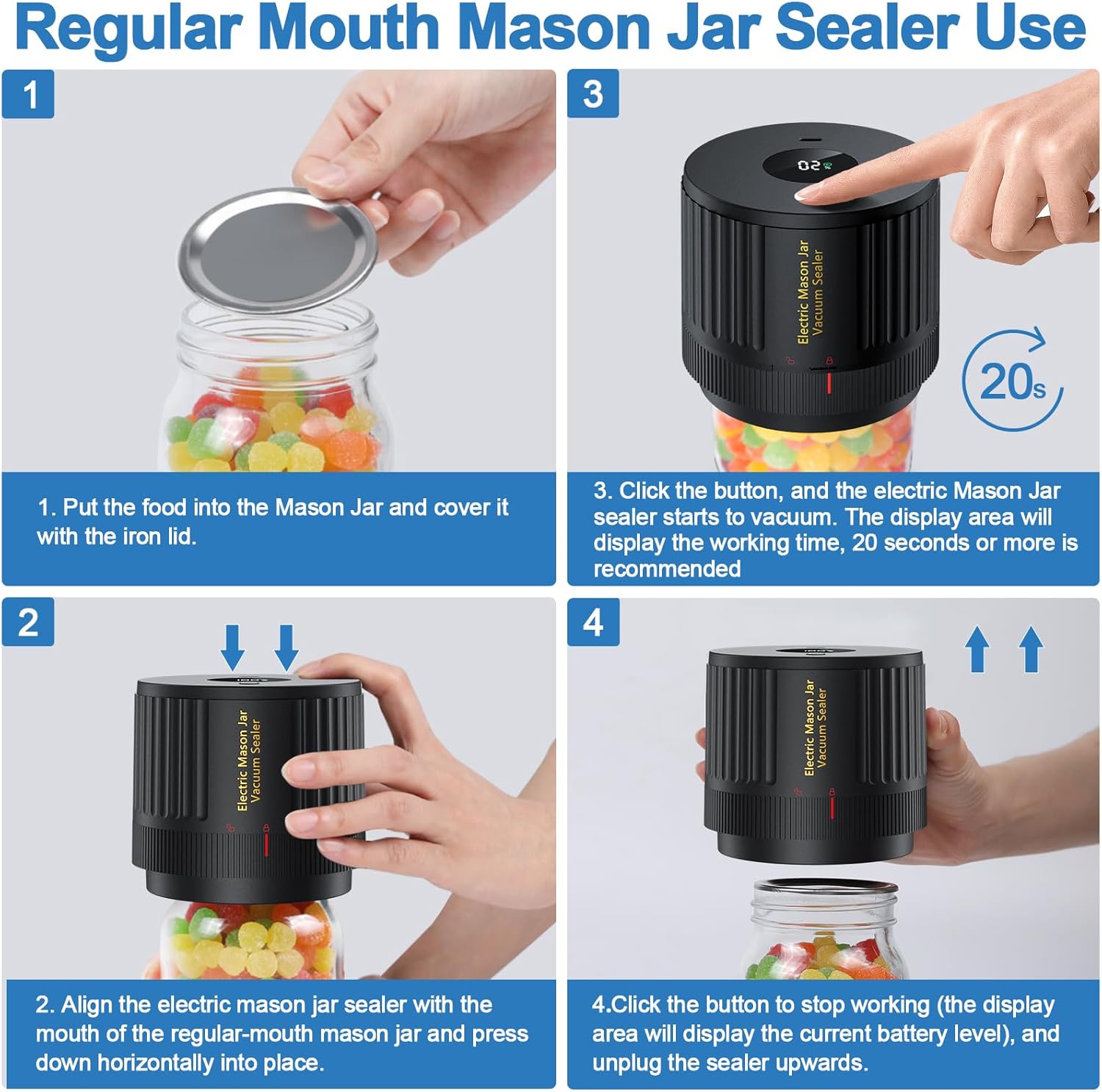 Electric Mason Jar Vacuum Sealer Kit for Wide Mouth and Regular Mouth Mason Jars Black