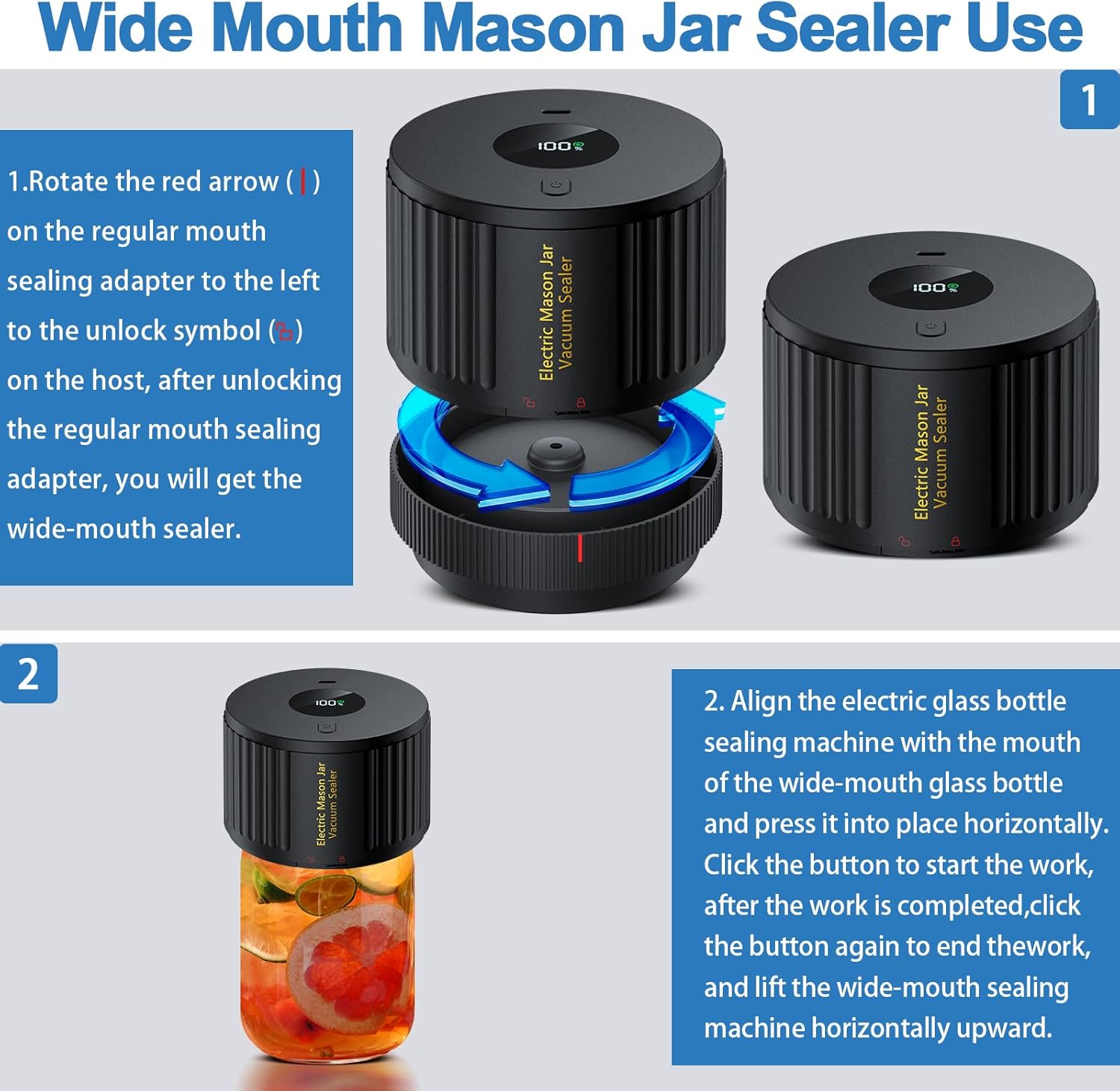 Electric Mason Jar Vacuum Sealer Kit for Wide Mouth and Regular Mouth Mason Jars Black