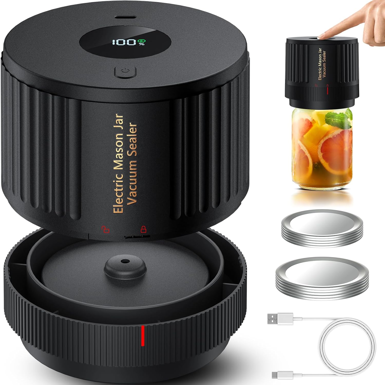 Electric Mason Jar Vacuum Sealer Kit for Wide Mouth and Regular Mouth Mason Jars Black