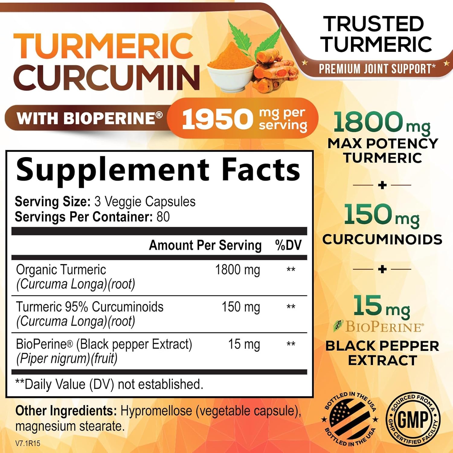 Turmeric Curcumin Supplement 1950mg - 95% Curcuminoids with Organic Turmeric & BioPerine Black Pepper Extract for Best Absorption, Nature's Vegan Joint Support, Non-GMO, Bottled in USA - 240 Capsules 240 Count (Pack of 1)