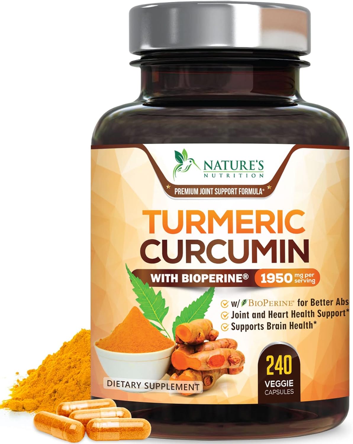 Turmeric Curcumin Supplement 1950mg - 95% Curcuminoids with Organic Turmeric & BioPerine Black Pepper Extract for Best Absorption, Nature's Vegan Joint Support, Non-GMO, Bottled in USA - 240 Capsules 240 Count (Pack of 1)