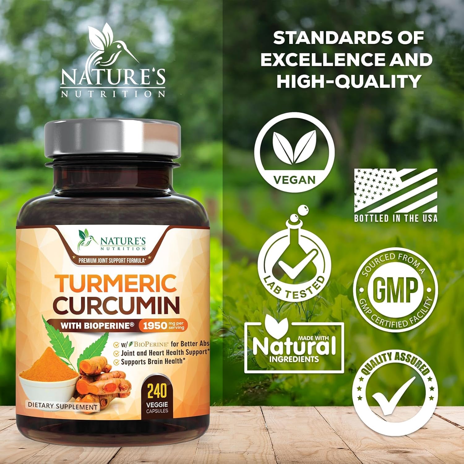 Turmeric Curcumin Supplement 1950mg - 95% Curcuminoids with Organic Turmeric & BioPerine Black Pepper Extract for Best Absorption, Nature's Vegan Joint Support, Non-GMO, Bottled in USA - 240 Capsules 240 Count (Pack of 1)