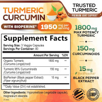 Turmeric Curcumin Supplement 1950mg - 95% Curcuminoids with Organic Turmeric & BioPerine Black Pepper Extract for Best Absorption, Nature's Vegan Joint Support, Non-GMO, Bottled in USA - 240 Capsules 240 Count (Pack of 1)