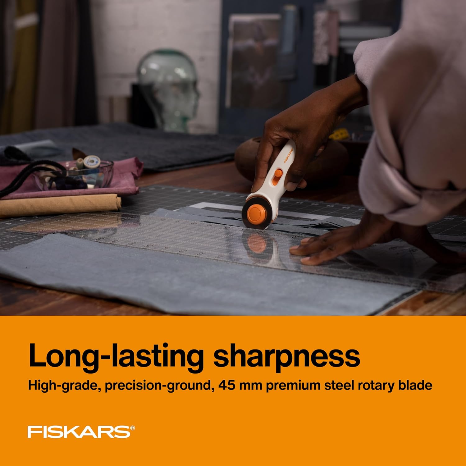 Fiskars 45mm Rotary Cutter for Fabric, Premium Steel Stick Fabric Cutter Cuts Through Multiple Layers, Right and Left Handed, Easy and Safe Blade Change, Arts and Crafts, Sewing and Quilting Tools Premium Stick 45mm Premium Steel Quick Blade Change SoftGrip Stick
