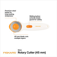 Fiskars 45mm Rotary Cutter for Fabric, Premium Steel Stick Fabric Cutter Cuts Through Multiple Layers, Right and Left Handed, Easy and Safe Blade Change, Arts and Crafts, Sewing and Quilting Tools Premium Stick 45mm Premium Steel Quick Blade Change SoftGrip Stick
