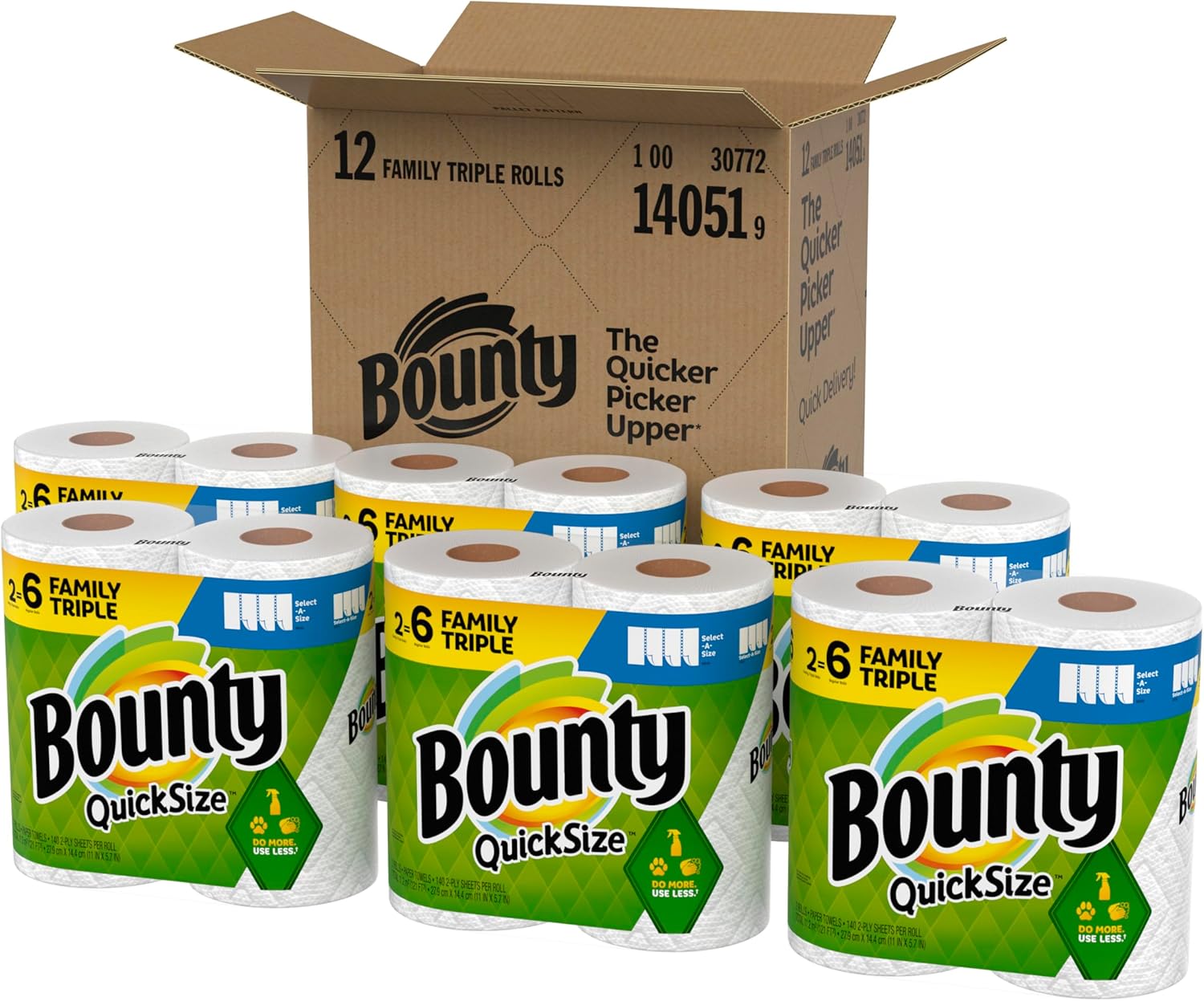 Bounty Quick-Size Paper Towels, White, 12 Family Triple Rolls = 36 Regular Rolls White 140 sheet (Pack of 12)
