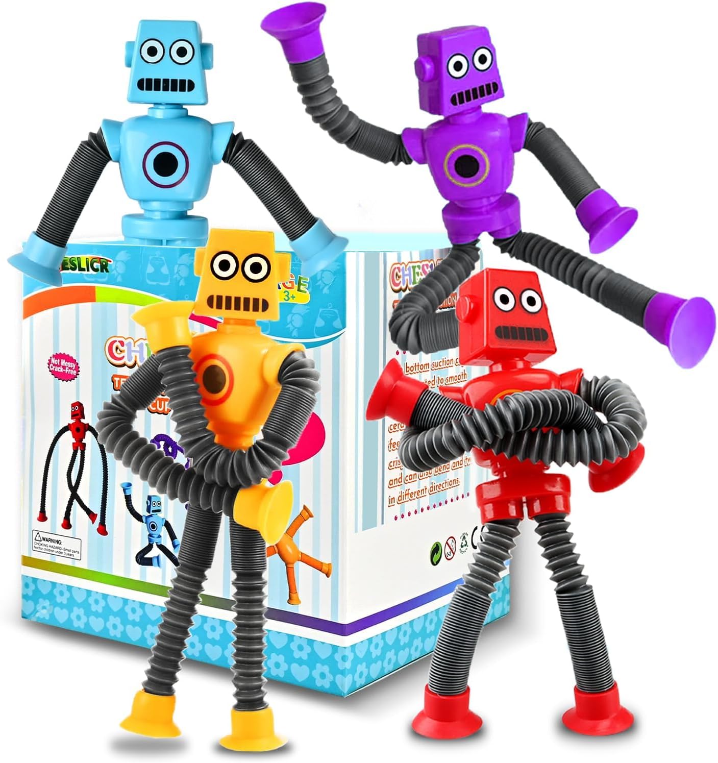 Robot Sensory Travel Toys 4Pcs for Toddlers Kid Boy Year Old Ages 3 4 5 6 7 8 9, Airplane Activities Suction Autism Pop Tube Fidget Toys Autistic Stocking Easter Basket Stuffer Valentine Gift for Kids 4 Robot