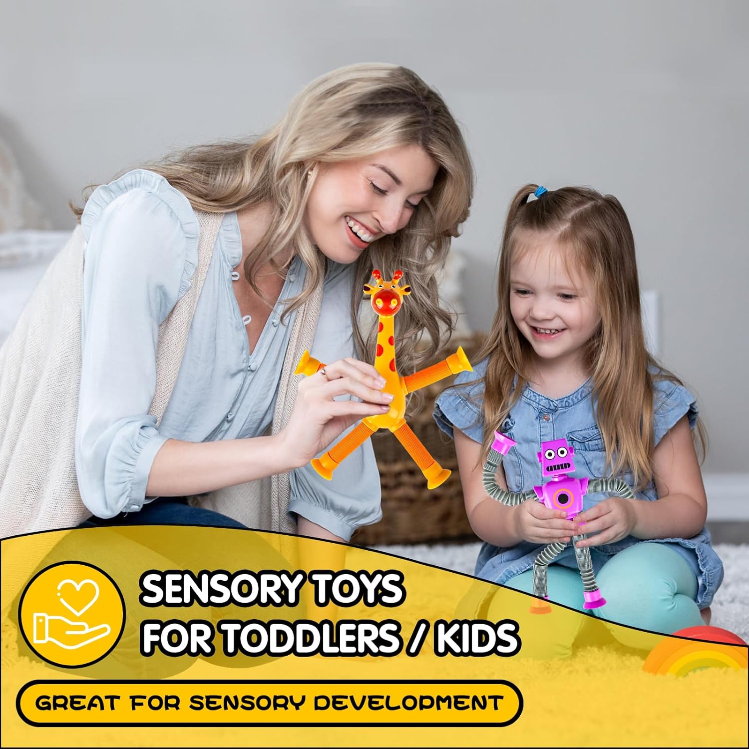 Robot Sensory Travel Toys 4Pcs for Toddlers Kid Boy Year Old Ages 3 4 5 6 7 8 9, Airplane Activities Suction Autism Pop Tube Fidget Toys Autistic Stocking Easter Basket Stuffer Valentine Gift for Kids 4 Robot