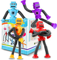 Robot Sensory Travel Toys 4Pcs for Toddlers Kid Boy Year Old Ages 3 4 5 6 7 8 9, Airplane Activities Suction Autism Pop Tube Fidget Toys Autistic Stocking Easter Basket Stuffer Valentine Gift for Kids 4 Robot