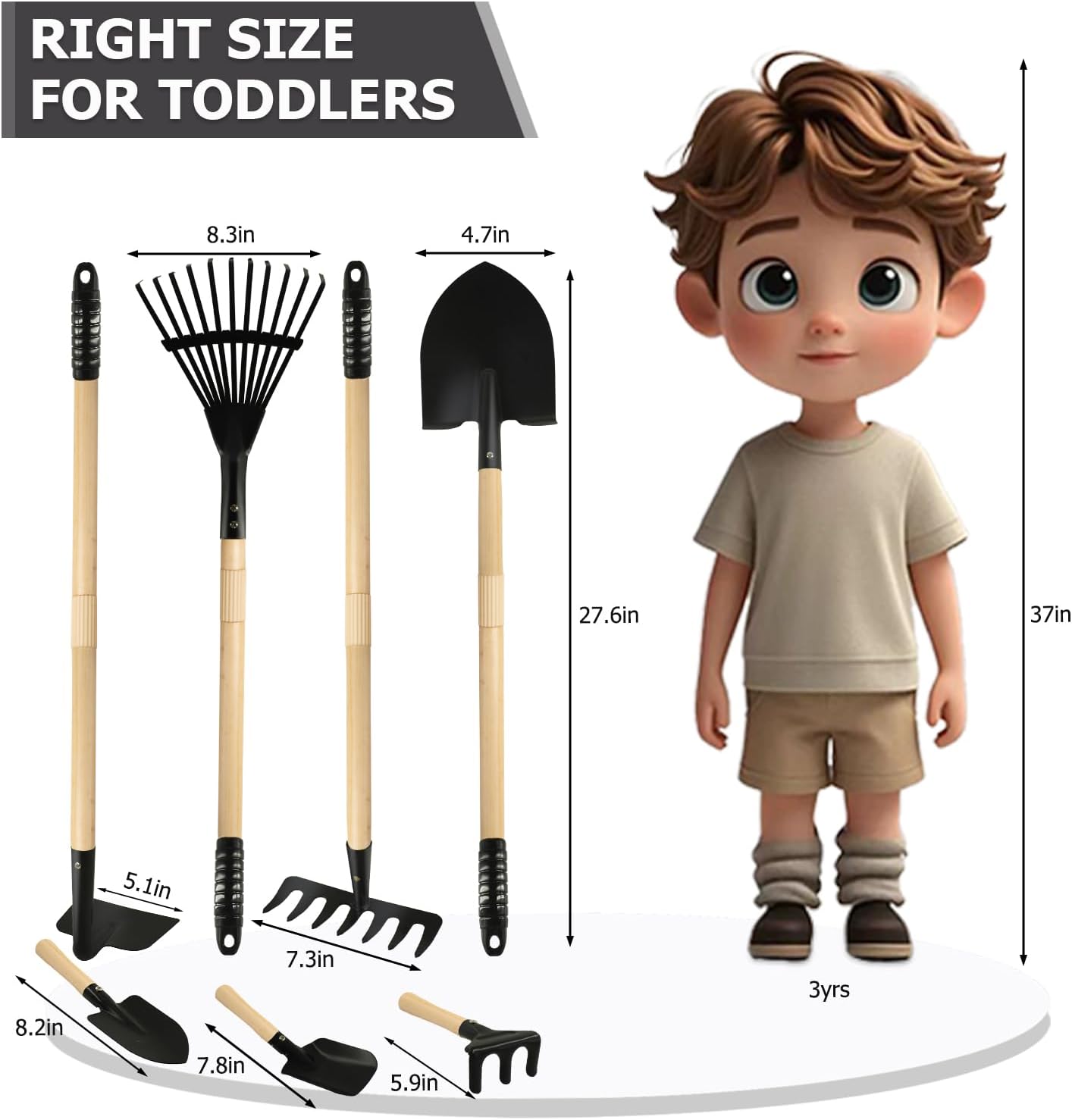 7PCS Kids Gardening Tools, Long Shovel, Rake for Leaves, Spade, Hoe, Steel Heads & Real Wood Handle, Yard Tools for Children Toddlers Gifts Black