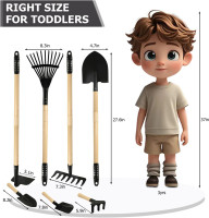 7PCS Kids Gardening Tools, Long Shovel, Rake for Leaves, Spade, Hoe, Steel Heads & Real Wood Handle, Yard Tools for Children Toddlers Gifts Black