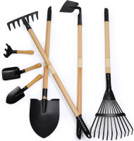 7PCS Kids Gardening Tools, Long Shovel, Rake for Leaves, Spade, Hoe, Steel Heads & Real Wood Handle, Yard Tools for Children Toddlers Gifts Black