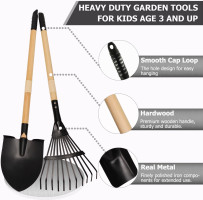 7PCS Kids Gardening Tools, Long Shovel, Rake for Leaves, Spade, Hoe, Steel Heads & Real Wood Handle, Yard Tools for Children Toddlers Gifts Black