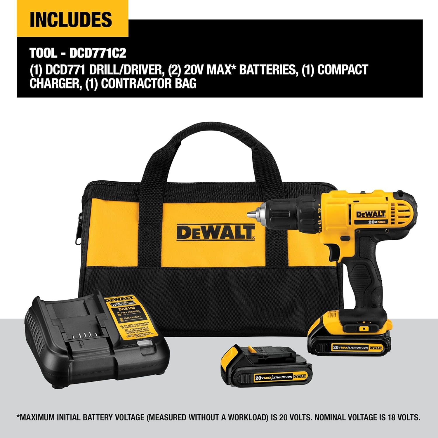 DEWALT 20V Max Cordless Drill/Driver Kit, Compact, 1/2-Inch (DCD771C2), Yellow Compact Drill/Driver
