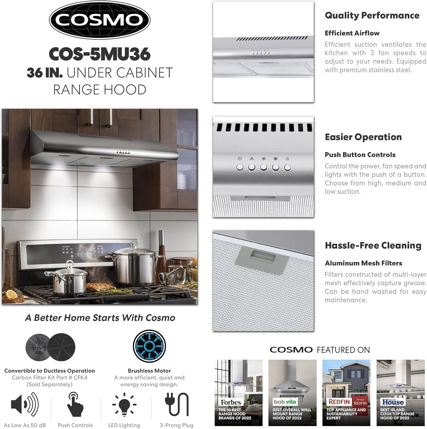 COSMO COS-5MU36 36 in. Delta Collection Ducted Under Cabinet Range Hood, Button Controls, Reusable Filters, LED Lights, Stainless Steel Stainless Steel 36 inch (Standard)