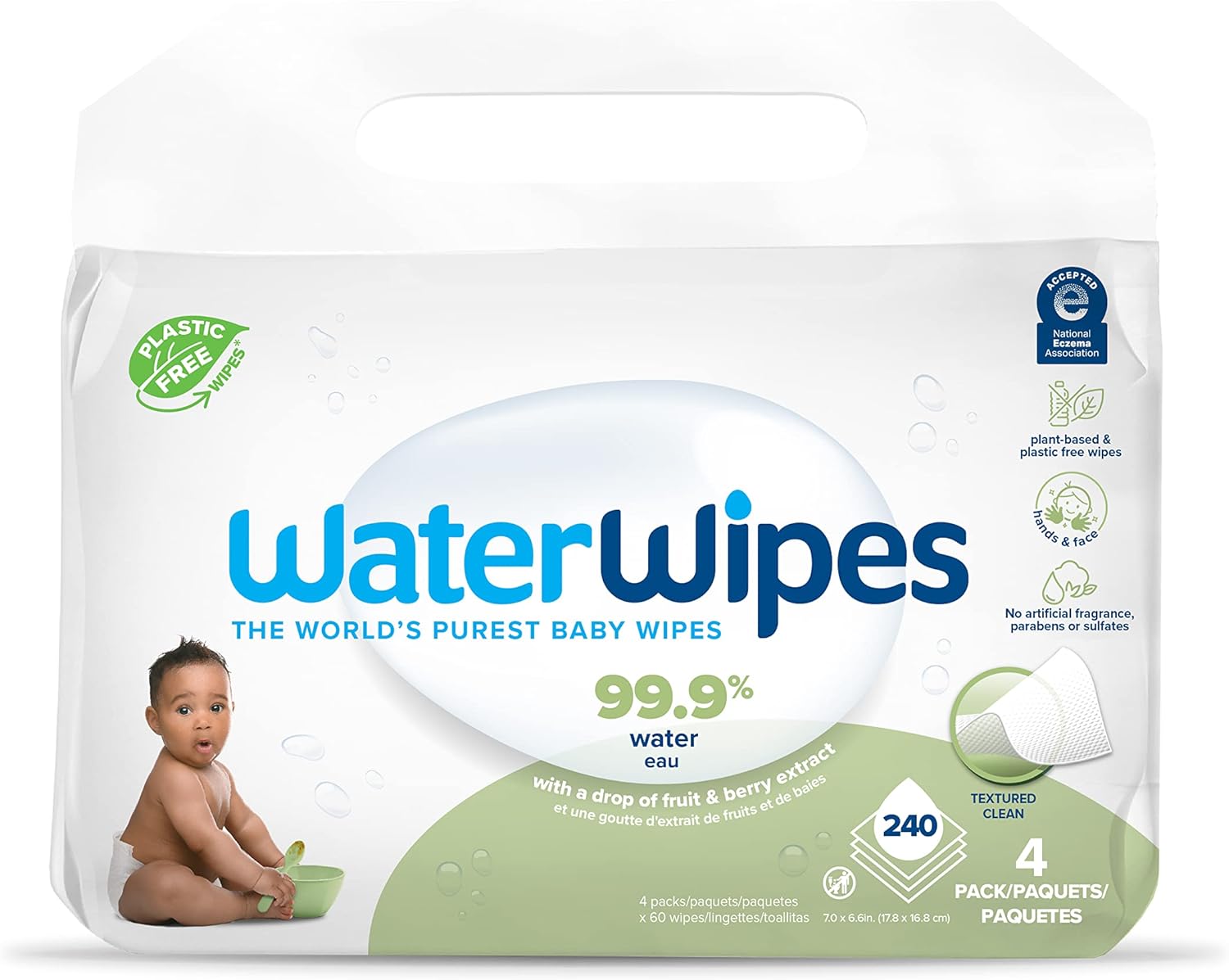 WaterWipes Sensitive+ Baby & Toddler Wipes, 3-In-1 Cleans, Cares, Protects, 99.9% Water, Textured Clean, Unscented & Hypoallergenic, 240 Count (4 Packs) Unscented 60 Count (Pack of 4)